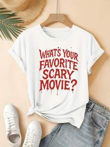 Nueva colección de verano 2026, camiseta con diseño temático de películas de terror, hermosa, elegante, a la moda, informal, de estilo coreano para primavera y verano. - Blanco - Ver 8