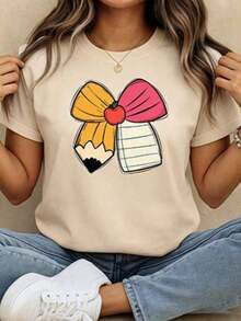 Women's Simple Loose Fit T-Shirt, Modern Style, Short Sleeve Pencil Print T-Shirt, Round Neck, Women's T-Shirts, Graphic Blouses For Women. New Stylish T-Shirt - Ideal For Summer. Women's Graphic Print T-Shirt Summer 2026 - 杏色 - 查看 6