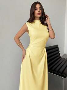 Vestido maxi de línea A con cuello alto, sin mangas, con volantes, elegante y romántico, color blanco, adecuado para citas, uso diario y el trabajo - Amarillo - Ver 4