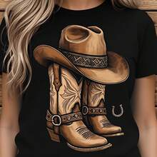 Camiseta para mujer con estampado de sombrero y botas de vaquero del oeste, estilo country, ropa casual para atuendos de rancho y festivales, camiseta 2D de mujer, diseño holgado casual, holgada y ligeramente extralarga - negro - Ver 8