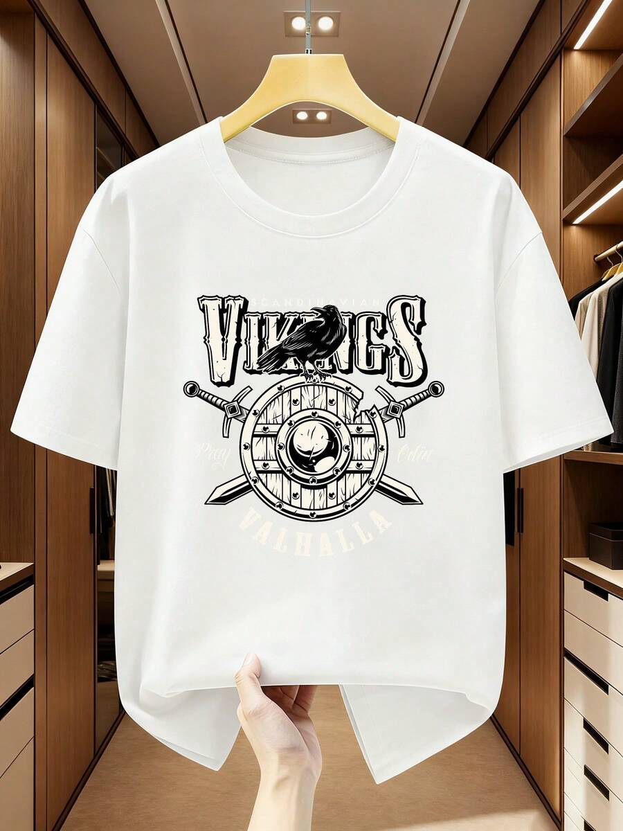Men's Plus Size Viking T-Shirt With Valhalla And Norse History Design - Short Sleeve, Crew Neck, With Viking Shield And Raven Warrior - Casual Viking Clothing For Men And Plus Sizes - 白色 - 查看 1