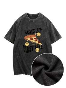 ¡Una elección de moda! Ropa de hombre, camiseta negra lavada de 230g 100% algodón puro para actividades al aire libre. Presenta un diseño de pizza, lleno de alegría en la vida. 180g 100% Algodón - Negro - Ver 7