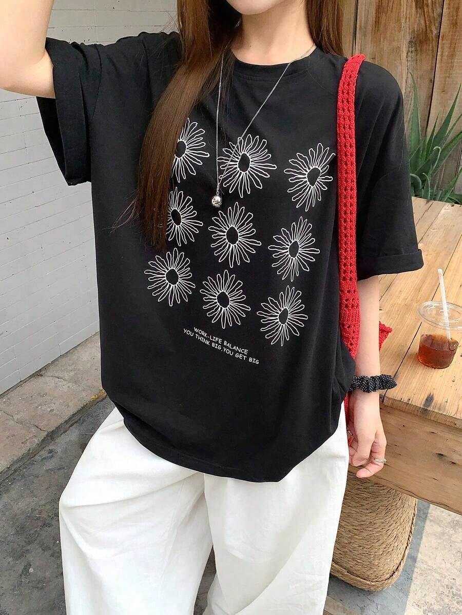 Camiseta de manga corta holgada con cuello redondo y estampado para mujer, estilo casual de verano - Estilo vintage urbano, unisex, de algodón, con cuello redondo y manga corta. Blusas para mujer. blusas.blusas casuales para dama. - Negro - Ver 1