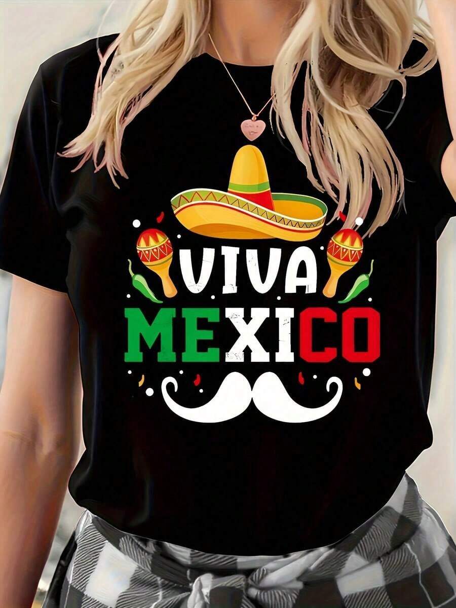 NewSummerCasualCamiseta con estampado mexicano, top casual de manga corta y cuello redondo, ropa de mujer para primavera/verano, 100% algodón.-Vintage Street Style Unisex Loose Cotton Short Sleeve Crew Neck T-Shirt - Negro - Ver 1