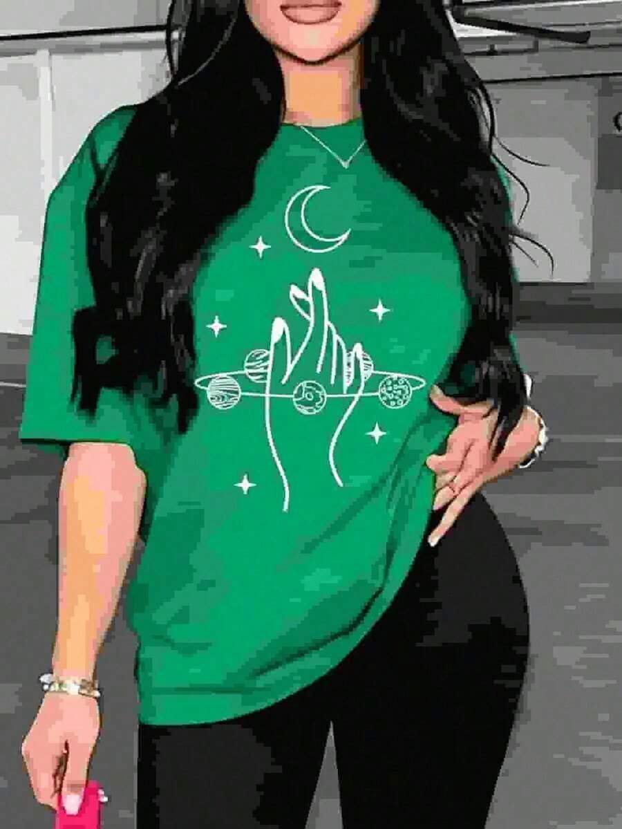 1 Piece Casual Fashion For Men And Women: This Women's T-Shirt Is Made Of 100% Pure Breathable Cotton, Featuring A Graphic Print Of The Moon And Mystical Planets. It Has A Relaxed Fit, Short Sleeves, And A Soft Cotton Blend Fabric. Stylish And Casual For Everyday Wear, Its Unique And Modern Design Makes It The Perfect Item To Fully Enjoy Summer. Versatile And Easy To Match, It's Suitable For Daily Wear, Streetwear, Vacation Outfits, And Weekend Getaways. - 綠色的 - 查看 1