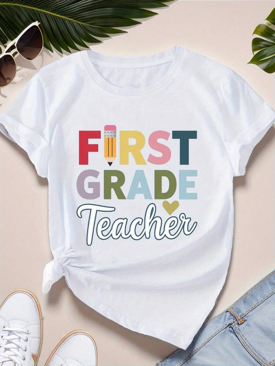 Camiseta cómoda de corte regular diseñada por una maestra de primer grado para mujer, atuendo casual diario de verano. - Blanco - Ver 1