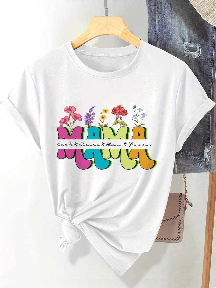 Camiseta de manga corta para mujer, corte regular, con estampado para el Día de la Madre - Camiseta casual de manga corta y cuello redondo, lavable a máquina y cómoda para todas las estaciones, camiseta personalizada, cómoda para el uso diario. Atuendo casual de verano. - Blanco - Ver 1