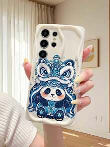 1个时尚熊猫图案不规则奶油色波浪纹手机壳，兼容Galaxy S23/S24/S25/S26/A57/A37/A17/A07，//纯安卓系列，日常使用 - 白色 - 查看 1