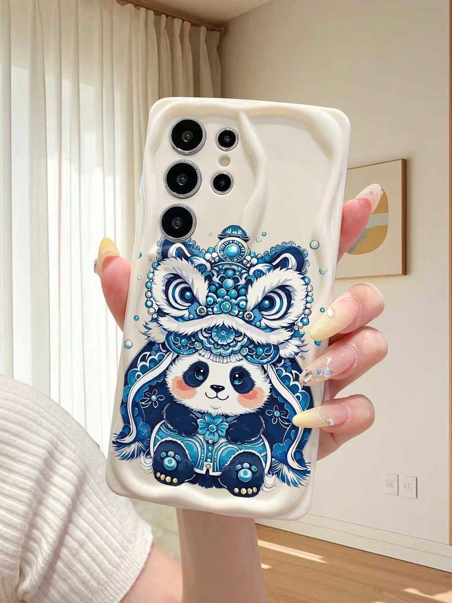 1个时尚熊猫图案不规则奶油色波浪纹手机壳，兼容Galaxy S23/S24/S25/S26/A57/A37/A17/A07，//纯安卓系列，日常使用 - 白色 - 查看 1