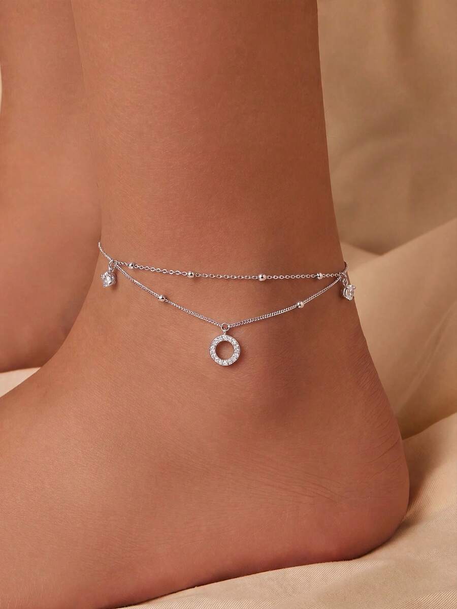 1 chiếc vòng chân mặt dây chuyền hình tròn hai lớp bằng bạc Sterling S925, thiết kế tối giản, đa năng cho sử dụng hàng ngày, đi biển, làm quà tặng, tinh tế và thanh lịch.