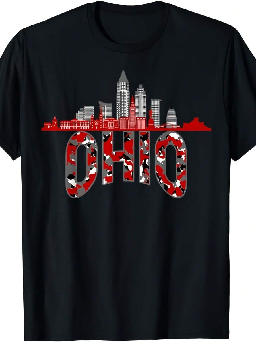 Una camiseta con estampado de camuflaje, inspirada en Ohio, es adecuada tanto para hombres como para mujeres, presentando un diseño similar para la temporada de verano de 2025.Hecha de tela pura, con un diseño de manga corta, esta cómoda camiseta presenta un estampado y es adecuada para el hogar, la oficina y las fiestas.Camiseta de mujer. - Negro - Ver 1