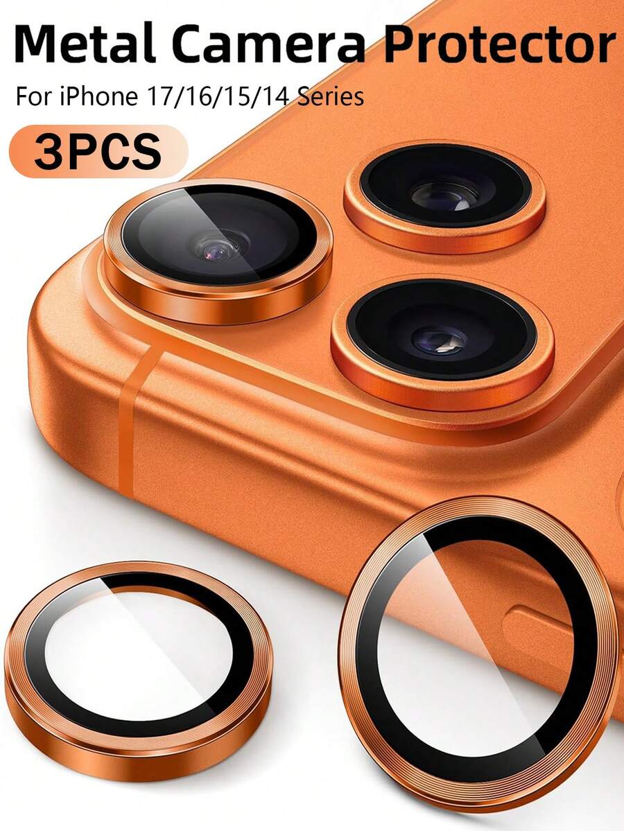 3pcs Orange Anti-Scratch High-Definition Single Lens Screen Protector, Suitable For IPhone 17 Pro Max/17 Pro/16/16 Plus/15 Pro/15 Pro Max/14 Pro/14 Pro Max. Super Hard 9H Tempered Metal Camera Lens Protector, Ultra-Thin Lens Rim, Precise Fit, Easy Installation, Comprehensive Scratch And Impact Protection, High Lens Coverage - Orange - View 1