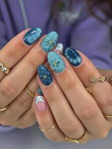 Transform Your Nails With 24pcs Short Oval Fake Nails! Mysterious & Fresh Spring/Summer Series, Inspired By Deep Blue Ocean, 3D Water Drop & Wave Patterns, Light Blue Shell & Tortoise Shell Texture, Luxury Metallic Bead Accents - Multicolor - View 1