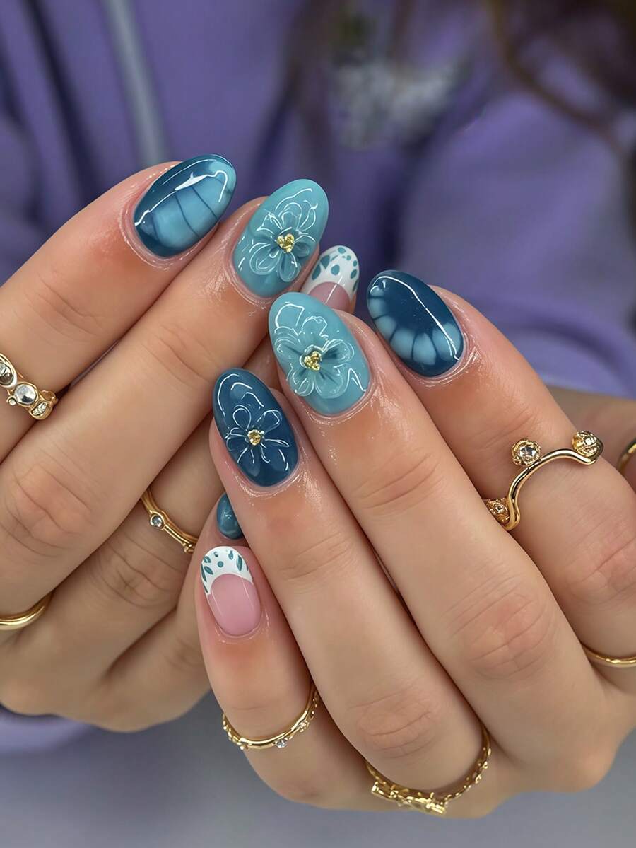 Transform Your Nails With 24pcs Short Oval Fake Nails! Mysterious & Fresh Spring/Summer Series, Inspired By Deep Blue Ocean, 3D Water Drop & Wave Patterns, Light Blue Shell & Tortoise Shell Texture, Luxury Metallic Bead Accents - Multicolor - View 1