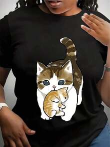 Camiseta con Estampado de Mamá Gato y Gatito para Mujer - Camiseta de Manga Corta Suave, Diseño Divertido de Dibujos Animados, Adecuada para Primavera, Verano y Otoño - Varios Colores Disponibles Ropa de Primavera y Verano Camisetas con Estampados Divertidos, Camisetas de Gato - Negro - Ver 6