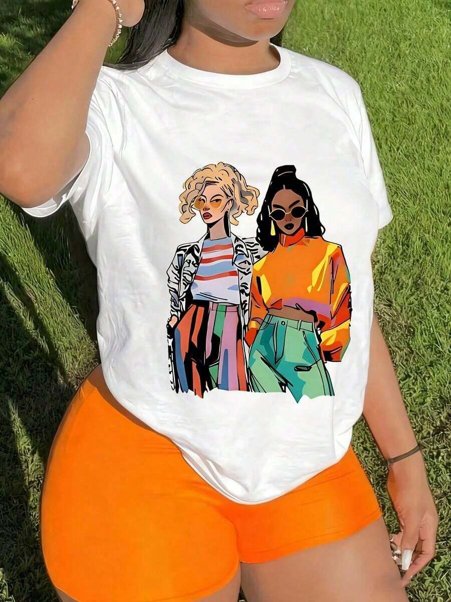 Ropa Curvy En Oferta Y Una Camiseta De Manga Corta Para Mujer, Transpirable, Suave Y Casual, Adecuada Para Actividades Al Aire Libre En Primavera Y Verano.Camiseta Casual De Manga Corta Con Cuello Redondo Para Mujer - Moderna, Con Estampado De Doble IlustracióN Femenina, Lavable A MáQuina, De Tela Suave Y Transpirable, CóModa Para El Uso Diario En Todas Las Estaciones, Material No Transparente.Blusas Para Mujer,Blusas Casuales Para Dama,Tops,, Mujer Premium,Y2K,Playeras De Mujer Curvy,Ofertas Y Liquidaciones Ropa Mujer,Playeras Deportivas Para Mujer,,Playeras De Hombre, Mujer,Blusas>Elegante XVPTCamisetas Para Mujer Y2K - Blanco - Ver 1