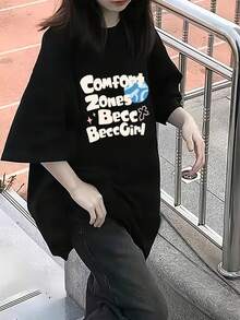 Camiseta de manga corta estilo americano para mujer, talla grande, informal, de verano 2025, a la moda, holgada, de media manga, conjunto para parejas. - Negro - Ver 1