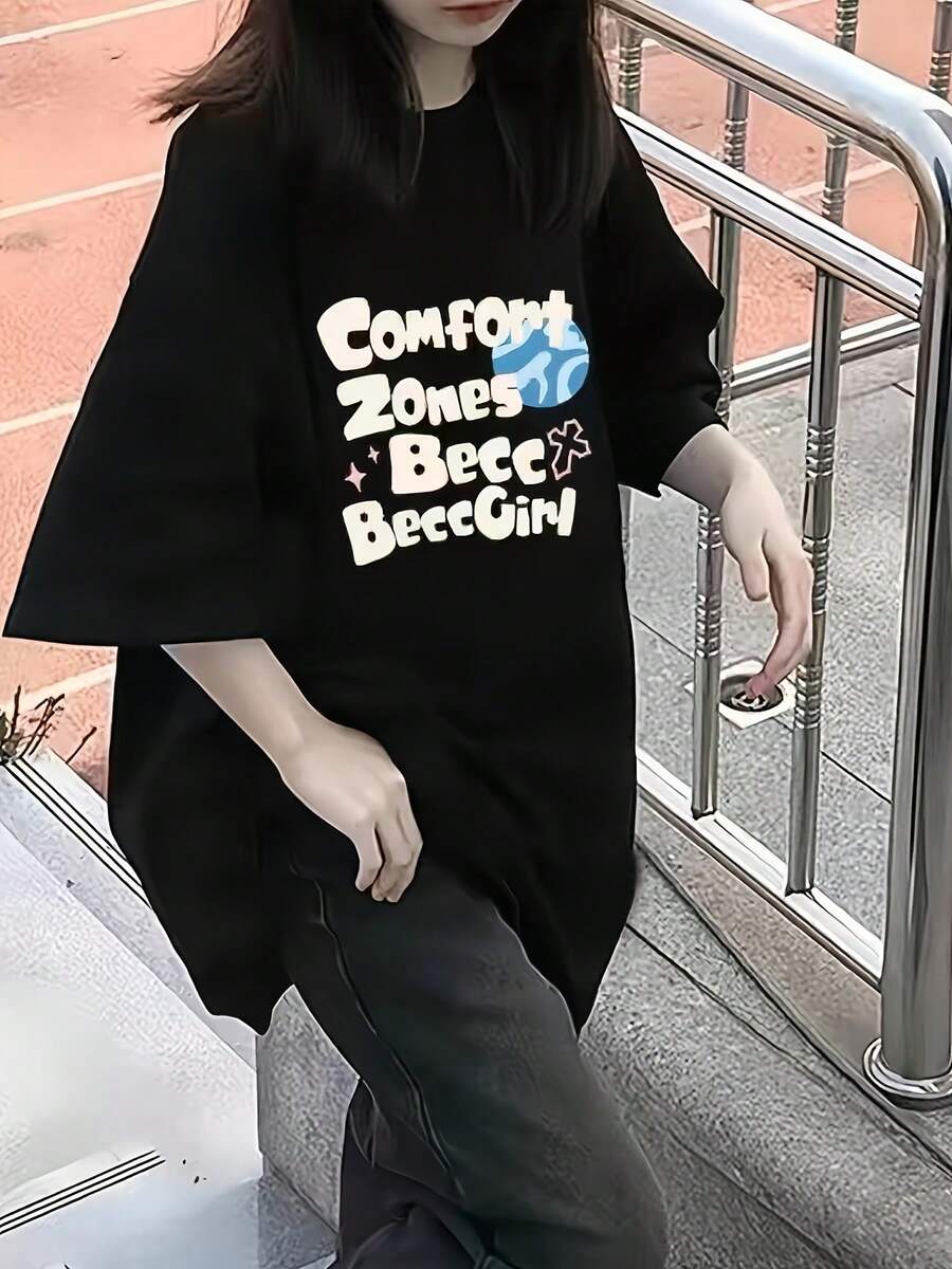 Camiseta de manga corta estilo americano para mujer, talla grande, informal, de verano 2025, a la moda, holgada, de media manga, conjunto para parejas. - Negro - Ver 1