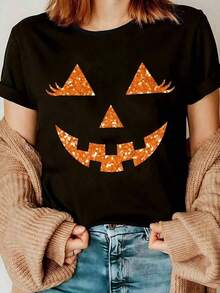 Camiseta de Halloween para mujer con diseño de calabaza, top casual de punto con cuello redondo y estampado de pestañas brillantes, mezcla de algodón 95% y elastano 5%, manga corta para primaveraveranootoño - LZ24111518 - Negro - Ver 1