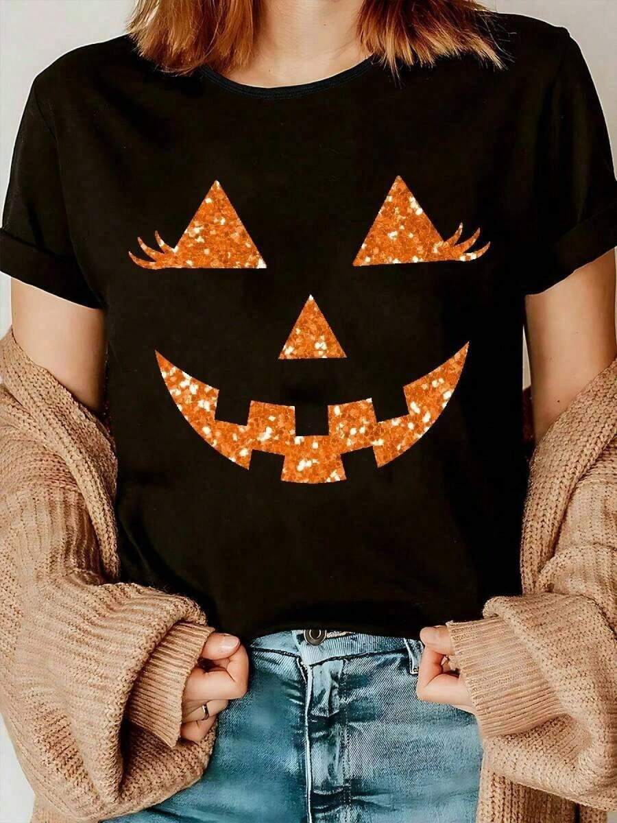 Camiseta de Halloween para mujer con diseño de calabaza, top casual de punto con cuello redondo y estampado de pestañas brillantes, mezcla de algodón 95% y elastano 5%, manga corta para primaveraveranootoño - LZ24111518 - Negro - Ver 1