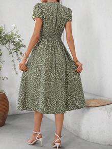 Reflora Vestido midi con estampado floral diminuto, de manga corta, cuello en V y cintura ceñida, con bolsillos, para uso casual diario, tallas grandes para mujeres - Verde - Ver 8