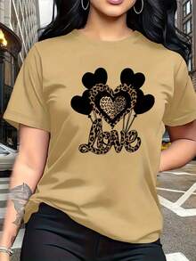 Combinación de salvajismo y ternura, estampado de patrón de globo en forma de corazón negro con estampado de leopardo, moda y , camiseta de mujer de manga corta casual de cuello redondo simple, adecuada para actividades como ocio, turismo y vacaciones 13419- Uso diario, fácil de lavar y mantener - Caqui - Ver 1