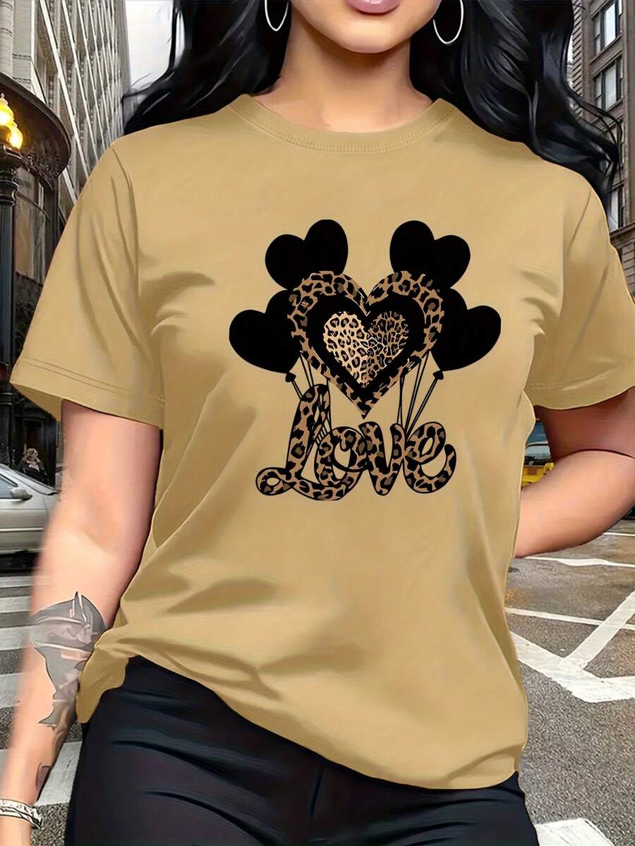Combinación de salvajismo y ternura, estampado de patrón de globo en forma de corazón negro con estampado de leopardo, moda y , camiseta de mujer de manga corta casual de cuello redondo simple, adecuada para actividades como ocio, turismo y vacaciones 13419- Uso diario, fácil de lavar y mantener - Caqui - Ver 1