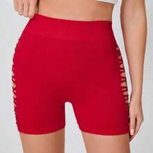 Pantalones cortos deportivos calados de verano, mallas tejidas sin costuras, entrenamiento de gimnasio, pantalones cortos elásticos de cintura alta, pantalones de gimnasio sexis para realzar la cadera - Rojo - Ver 5