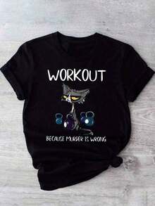 100% Cotton Women's Oversized Short Sleeve Workout T-Shirt With Funny Cat And Weight Graphic Print, "Train Because  Is" Slogan, Soft Crew Neck, Machine Washable, Comfortable For All Seasons For Gym And Casual Wear, Gym Tees, Lightweight Clothing, Fun Design, Front Knot Tee - 黑色 - 查看 6