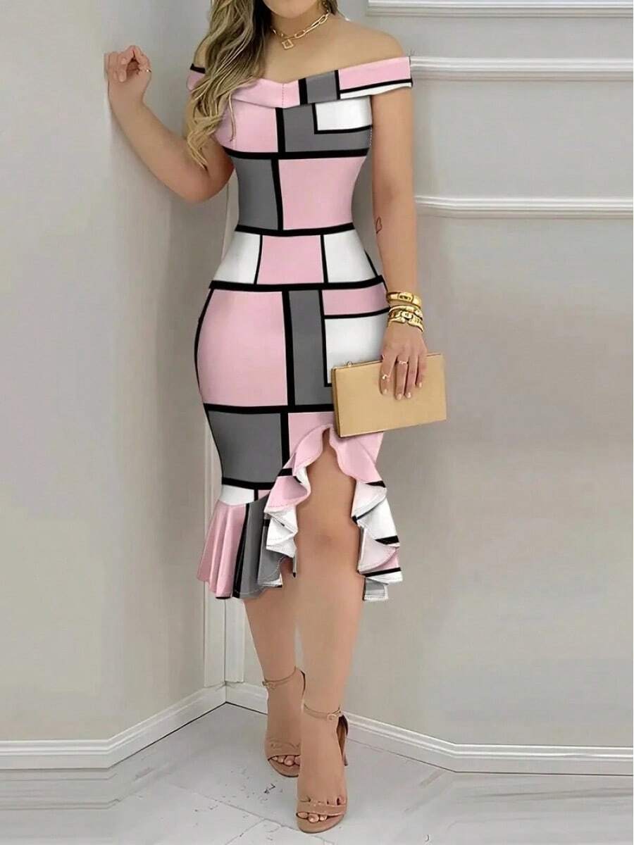 Vestido midi ajustado con estampado floral y hombros descubiertos para mujer, vestido de cóctel con abertura y volantes en el bajo - Gris - Ver 1