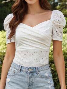 Camiseta de ajuste ceñido con mangas obispo y estampado floral elegante, de verano - Blanco - Ver 3