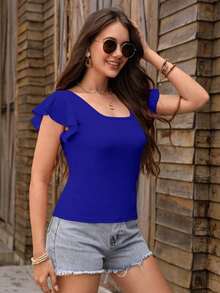 Privé Camiseta de manga corta con cuello cuadrado de unicolor casual de vacaciones - azul real - Ver 4