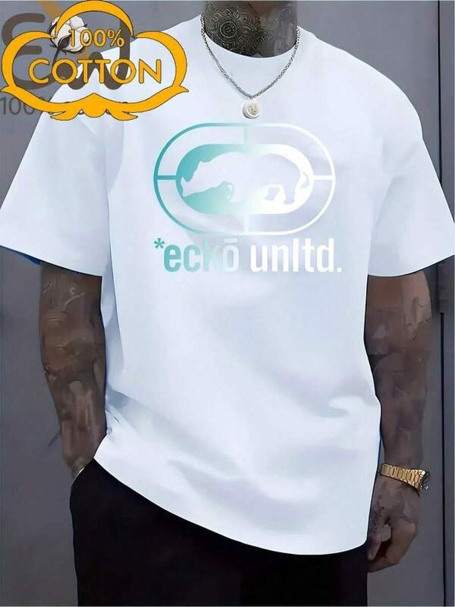 Camiseta de 100% para hombres y mujeres de 180gsm, pesada, ligera, transpirable, de alta elasticidad, cuello redondo, manga corta, casual, con estampado gráfico de caballo geométrico y Ecko Unlimited, ajuste regular unisex, ropa casual para todas las estaciones, impresión de transferencia térmica duradera - Negro - Ver 1