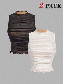 Top sin mangas con cuello alto y fruncido en unicolor, top negro de club, tops de malla para fiestas, despedida de soltera, tops para citas, salir, primavera/verano, top de fiesta, vacaciones, cumpleaños, festival, playa, top elegante - Blanco y Negro - Ver 1