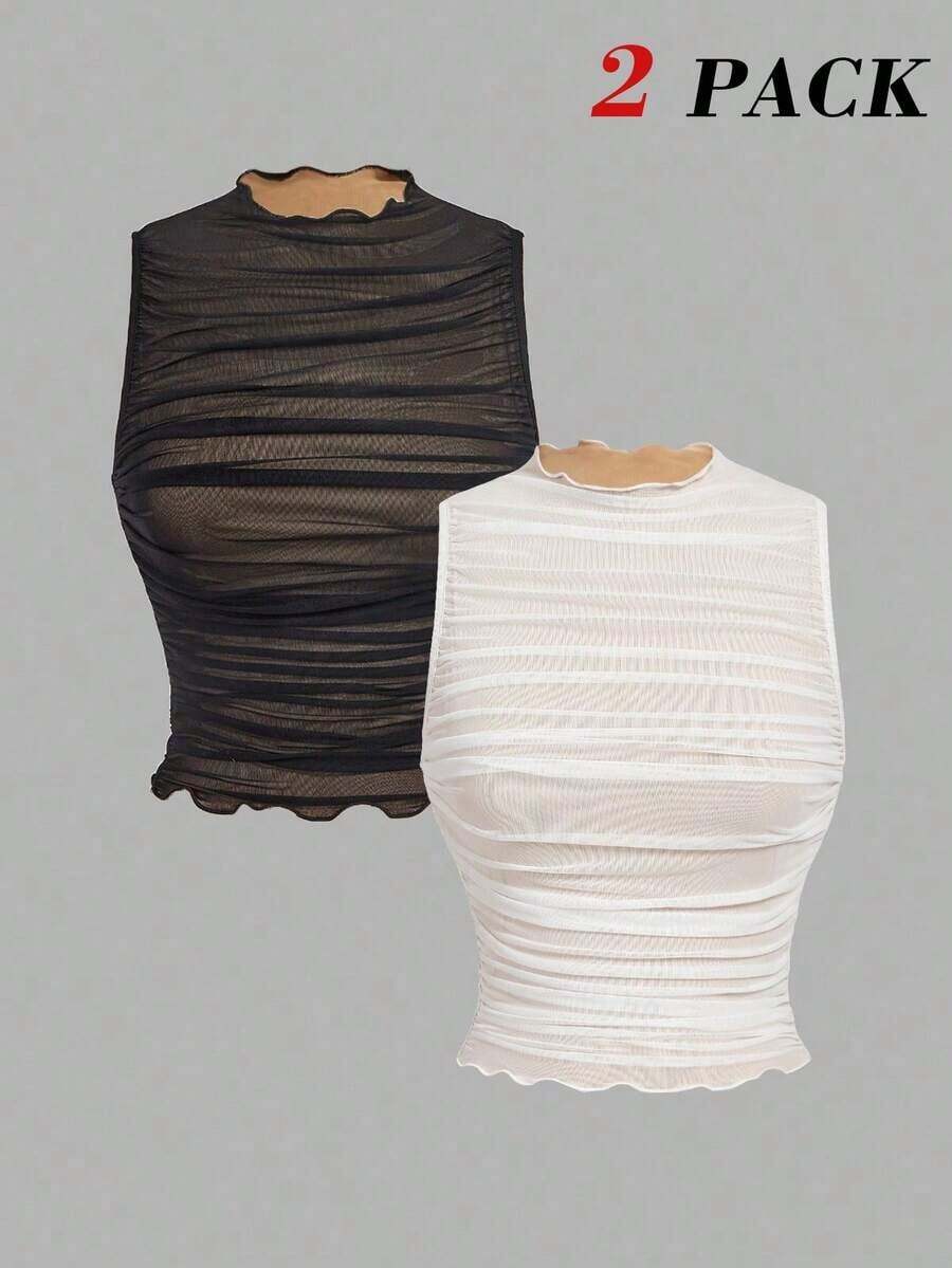 Top sin mangas con cuello alto y fruncido en unicolor, top negro de club, tops de malla para fiestas, despedida de soltera, tops para citas, salir, primavera/verano, top de fiesta, vacaciones, cumpleaños, festival, playa, top elegante - Blanco y Negro - Ver 1
