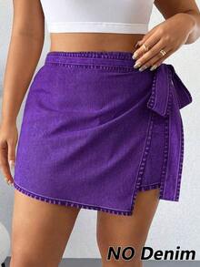 Falda pantalón informal de aspecto de mezclilla con doblez asimétrico y nudo lateral para mujer talla grande - Morado - Ver 4