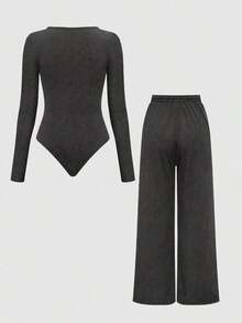 Set de 2 piezas: Top con bajo asimétrico y pantalones de unicolor - Gris Oscuro - Ver 2