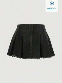 Falda Vaquera De Mezclilla Para Mujer En Color Sólido Con Borde Desfilachado - Negro - Ver 2