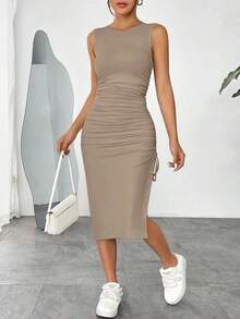Vestido ajustado de punto sin mangas color burdeos para mujer - Caqui - Ver 4