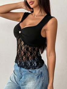 Camiseta sin mangas de encaje con parches, diseño calado, para mujer, color rosa, sexy - Negro - Ver 3