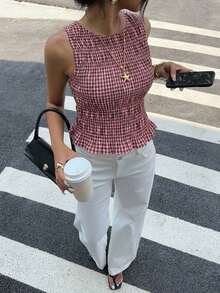Top sin mangas con escote cuadrado, estampado de cuadros, con volantes en el bajo, para mujer.Top casual de verano con Body fruncido, estilo estético a cuadros, para vacaciones y salidas - Rosa - Ver 3