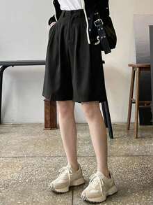 Pantalones de pierna ancha con detalle de plisado de cintura alta, pantalones de vestir para mujer, ropa de vuelta al colegio para otoño - Negro - Ver 7