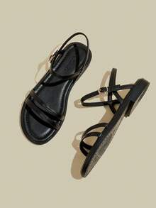 ManLuZi Women's Black Flat Open Toe Strap Sandals, Minimalist Thin Strap Soft Bottom Beach One-Buckle Strap Sandals For Summer - Black - View 2