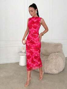 Vestido midi de Body con estampado abstracto rojo sin mangas, adecuado para el verano - Multicolor 2 - Ver 6