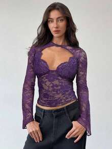 Blusa de manga larga con cuello en V profundo, transparente y con detalles de encaje negro para mujeres - Morado - Ver 1