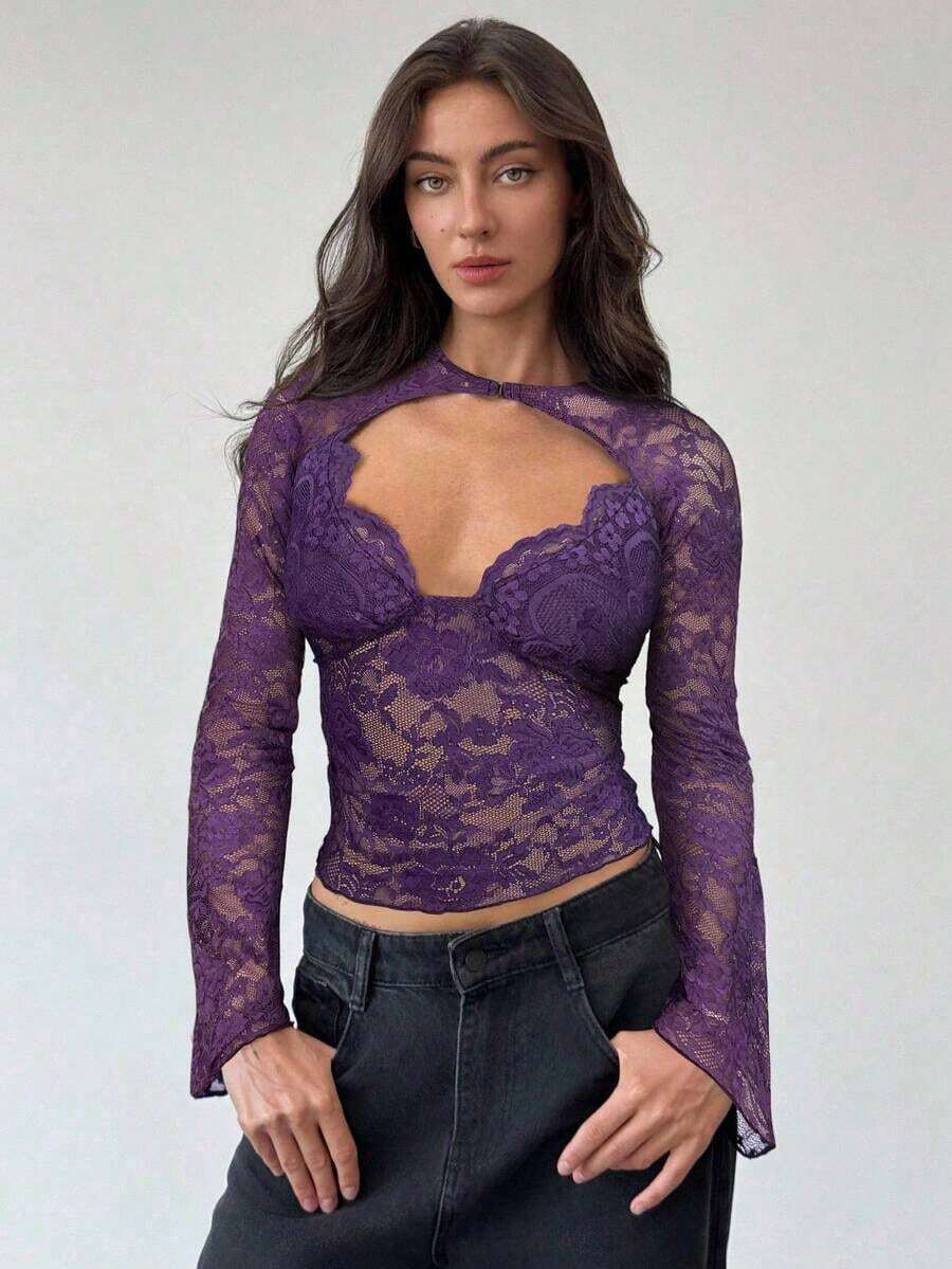 Blusa de manga larga con cuello en V profundo, transparente y con detalles de encaje negro para mujeres - Morado - Ver 1