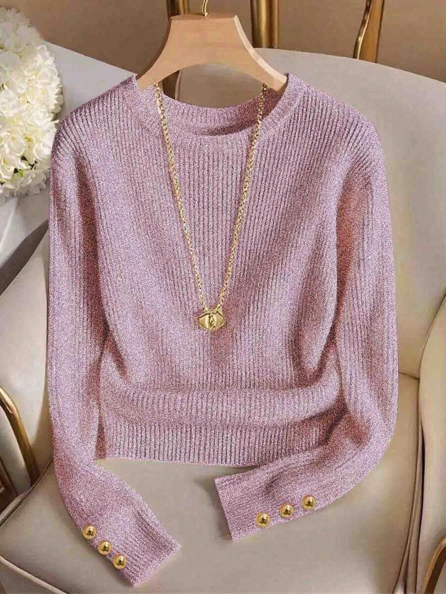 Elegante camiseta de punto de cuello redondo, top de punto minimalista de moda, otoño/invierno - Rosa 2 - Ver 1