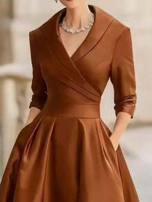 elegante y de moda francés al estilo europeo y americano, vestido formal de cintura ceñida de estilo minimalista, vacacional y casual japonés y coreano, vestido de dama elegante y sexy de escote profundo en V y ajustado al Body para otoño/invierno - Marrón - Ver 6