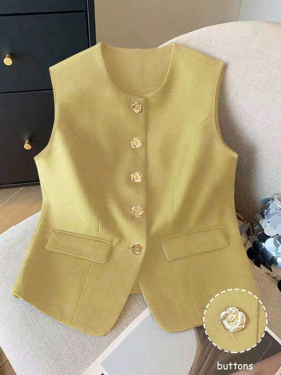 Top de tirantes de moda con decoración de flor de metal para mujer, para verano - Caqui - Ver 1