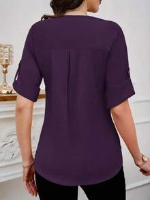 Clasi Blusa casual sencilla para uso diario con cuello redondo, manga corta y botones delanteros para mujer - Morado - Ver 2
